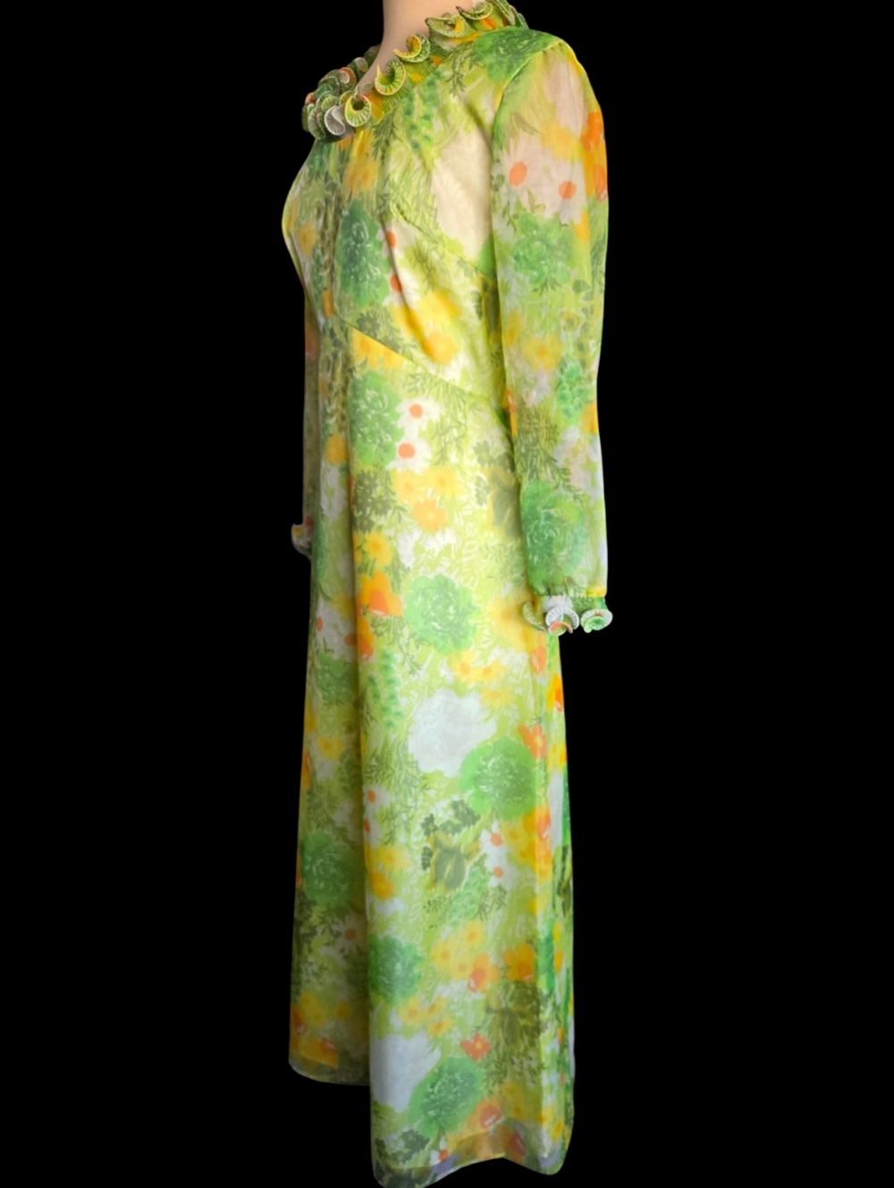 VTG 60s Mod Hippie Dress Long Chiffon Green Daisy Floral Formal Hostess Gown - Picture 5 of 11